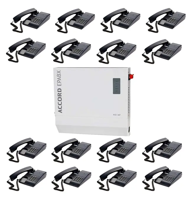 EPABX intercom exchange unit surrounded by sixteen desk extension phones
