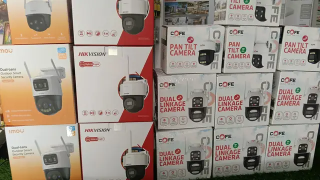Stacked boxes of dual-lens and pan-tilt Wi-Fi cameras