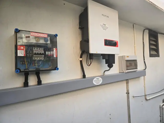 Wall-mounted solar inverter with DC distribution box and AC breaker box on a cable tray